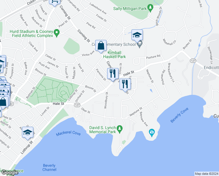 map of restaurants, bars, coffee shops, grocery stores, and more near 141 Hale Street in Beverly