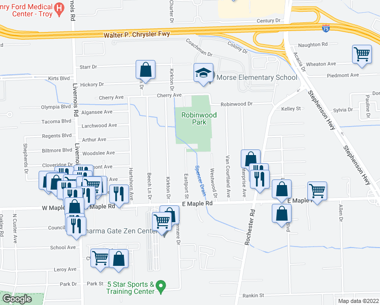 map of restaurants, bars, coffee shops, grocery stores, and more near 1868 Eastport Drive in Troy