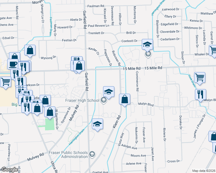 map of restaurants, bars, coffee shops, grocery stores, and more near 34270 Garfield Circle in Fraser