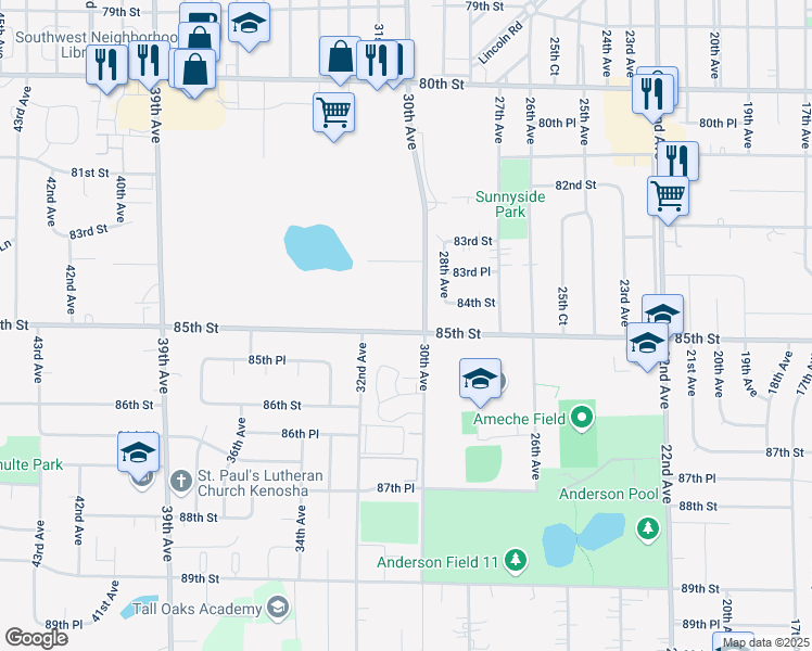 map of restaurants, bars, coffee shops, grocery stores, and more near 3016 85th Street in Kenosha