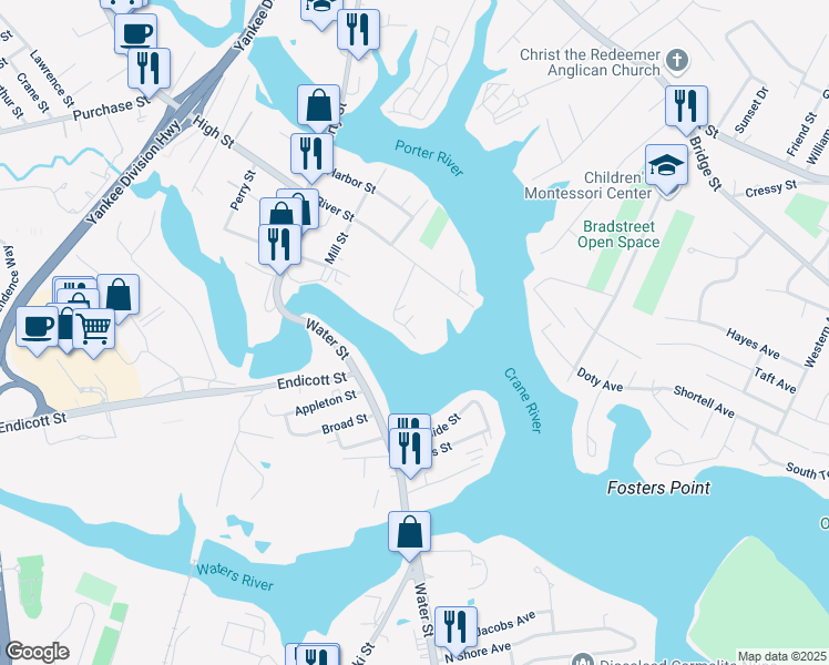 map of restaurants, bars, coffee shops, grocery stores, and more near 4 McDewell Avenue in Danvers