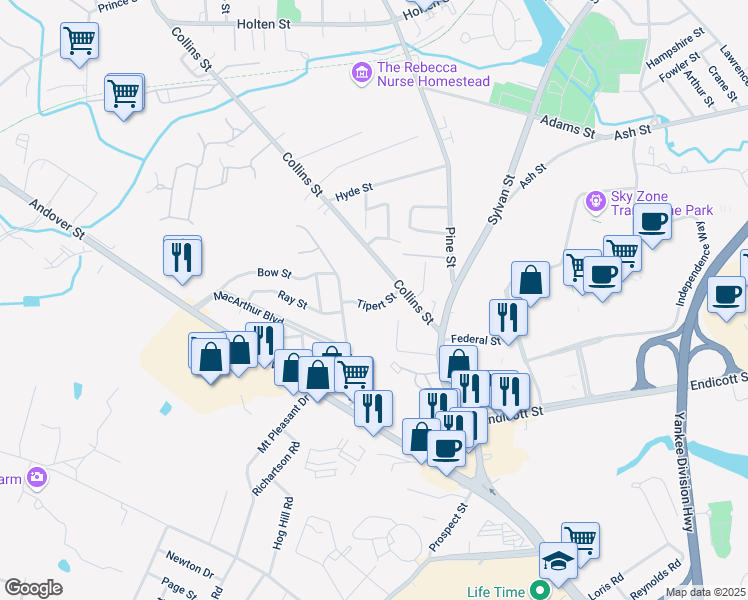 map of restaurants, bars, coffee shops, grocery stores, and more near 7 Tipert Street in Danvers