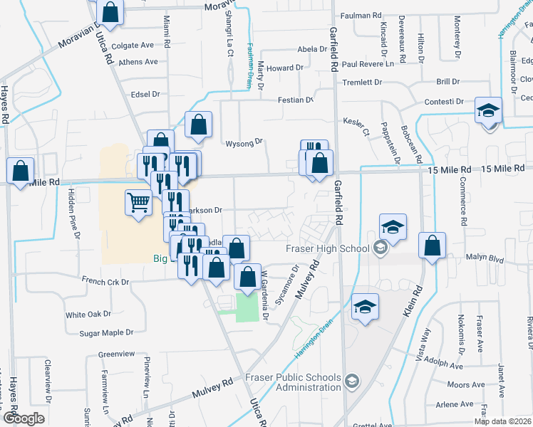 map of restaurants, bars, coffee shops, grocery stores, and more near 16454 Clarkson Drive in Fraser