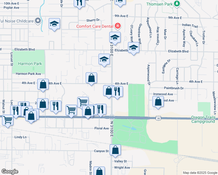 map of restaurants, bars, coffee shops, grocery stores, and more near 2188 4th Avenue East in Twin Falls