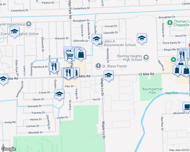 map of restaurants, bars, coffee shops, grocery stores, and more near 11974 15 Mile Road in Sterling Heights