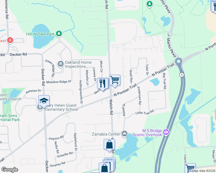 map of restaurants, bars, coffee shops, grocery stores, and more near 2192 Metzner Road in Commerce Charter Township