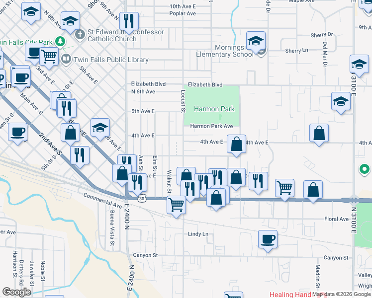 map of restaurants, bars, coffee shops, grocery stores, and more near 1574 4th Avenue East in Twin Falls