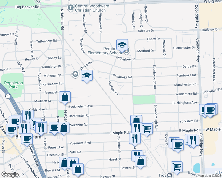 map of restaurants, bars, coffee shops, grocery stores, and more near 1751 Graefield Road in Birmingham