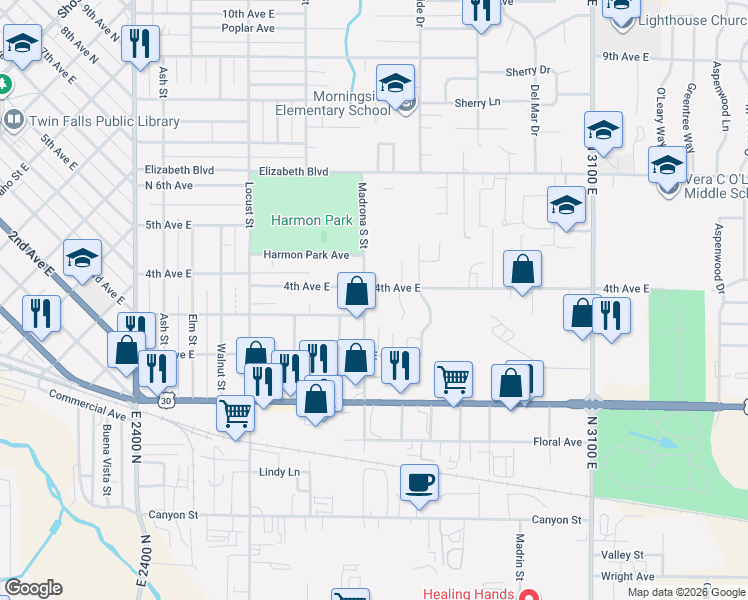 map of restaurants, bars, coffee shops, grocery stores, and more near 374 Madrona Street in Twin Falls