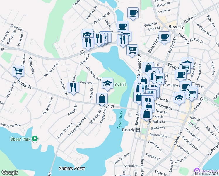 map of restaurants, bars, coffee shops, grocery stores, and more near 40 Woodland Avenue in Beverly