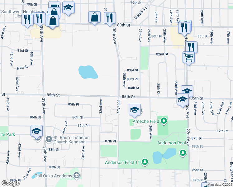 map of restaurants, bars, coffee shops, grocery stores, and more near 3004 85th Street in Kenosha