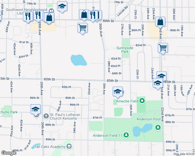 map of restaurants, bars, coffee shops, grocery stores, and more near 3120 85th Street in Kenosha