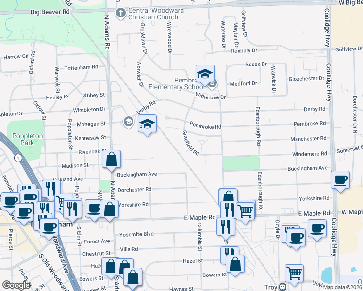 map of restaurants, bars, coffee shops, grocery stores, and more near 1654 Graefield Road in Birmingham