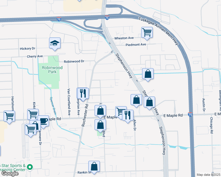 map of restaurants, bars, coffee shops, grocery stores, and more near 1110 Woodslee Drive in Troy