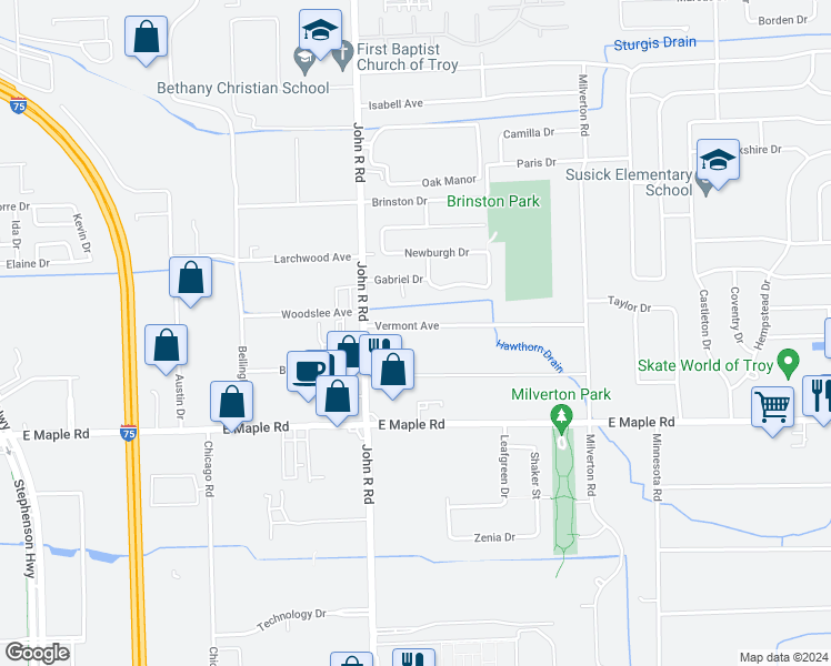 map of restaurants, bars, coffee shops, grocery stores, and more near 2070 Vermont Drive in Troy