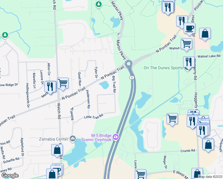 map of restaurants, bars, coffee shops, grocery stores, and more near 1911 Big Trail Road in Commerce Charter Township