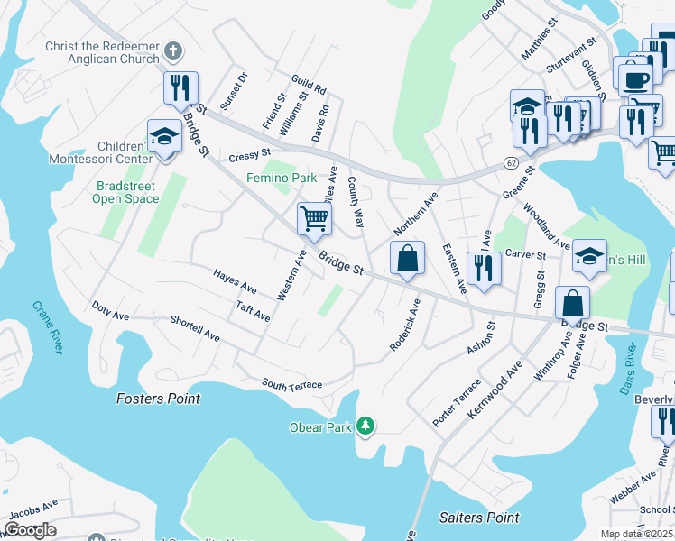 map of restaurants, bars, coffee shops, grocery stores, and more near 138 Bridge Street in Beverly