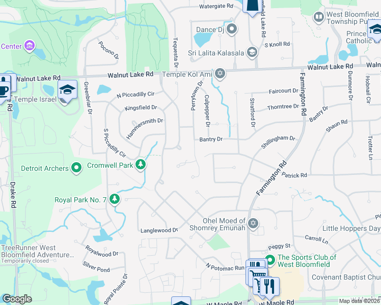 map of restaurants, bars, coffee shops, grocery stores, and more near 5846 Perrytown Drive in Oakland County