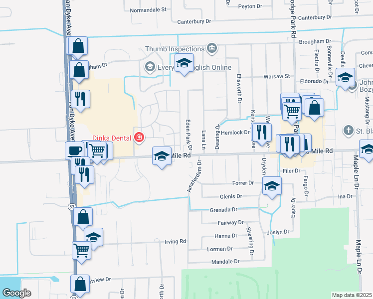 map of restaurants, bars, coffee shops, grocery stores, and more near 9001 15 Mile Road in Sterling Heights