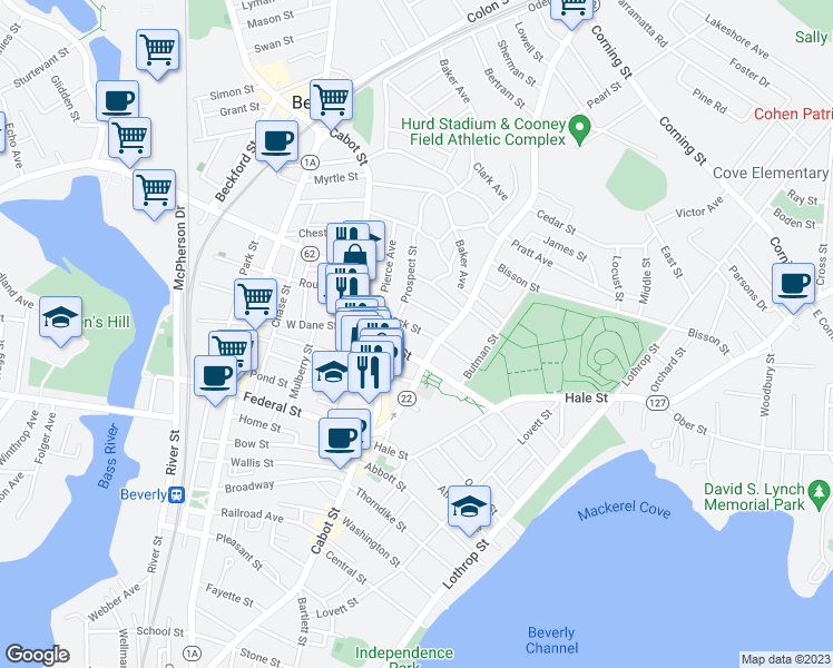 map of restaurants, bars, coffee shops, grocery stores, and more near 25 Charnock Street in Beverly