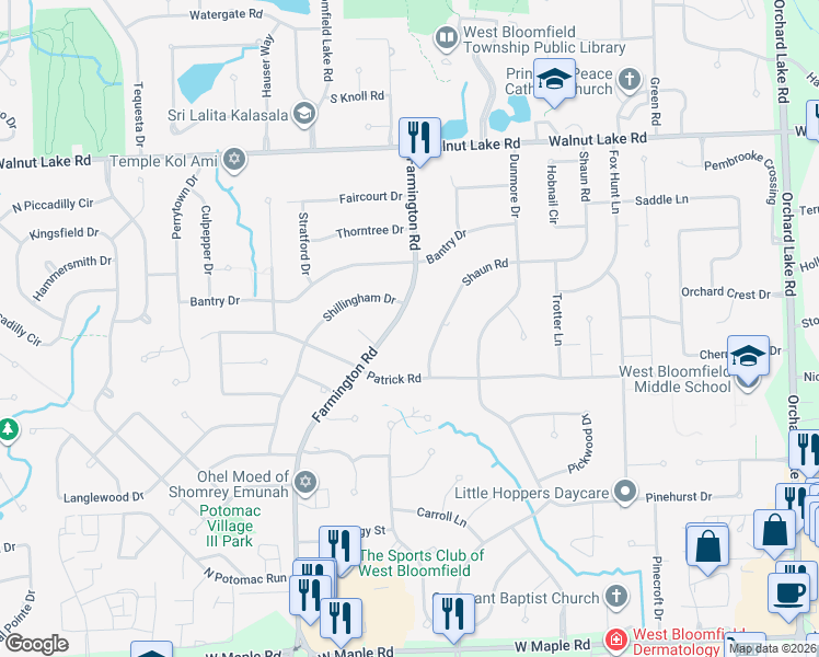 map of restaurants, bars, coffee shops, grocery stores, and more near 5791 Farmington Road in West Bloomfield Township