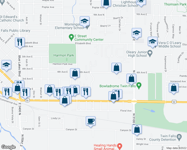 map of restaurants, bars, coffee shops, grocery stores, and more near 364 Morningside Drive in Twin Falls