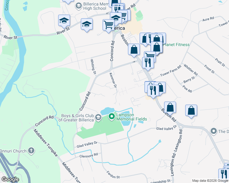 map of restaurants, bars, coffee shops, grocery stores, and more near 2 Karen Circle in Billerica