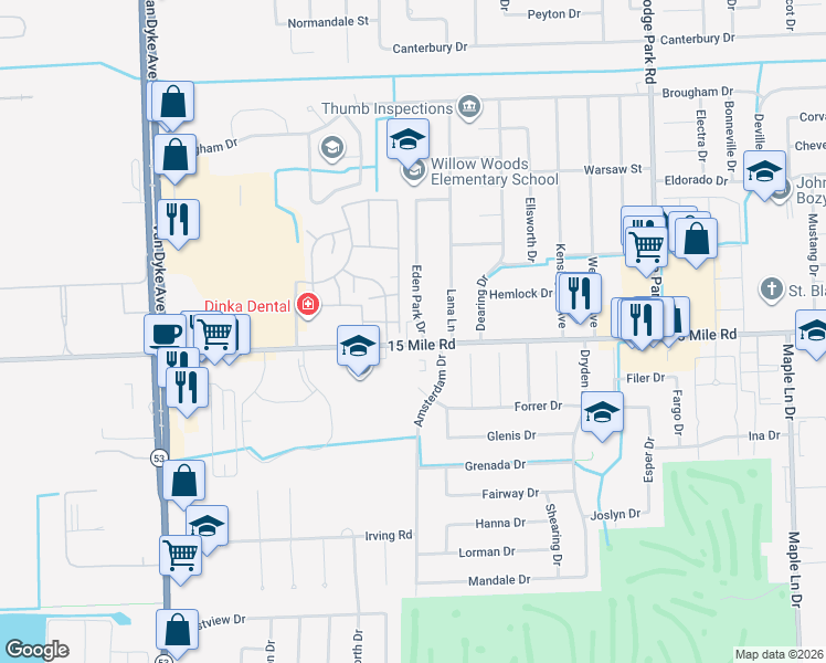 map of restaurants, bars, coffee shops, grocery stores, and more near 9001 15 Mile Road in Sterling Heights