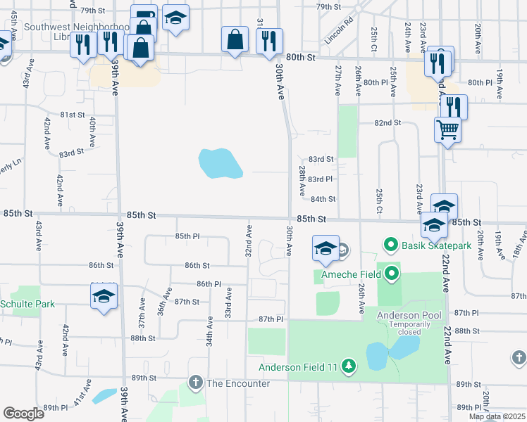 map of restaurants, bars, coffee shops, grocery stores, and more near 3120 85th Street in Kenosha
