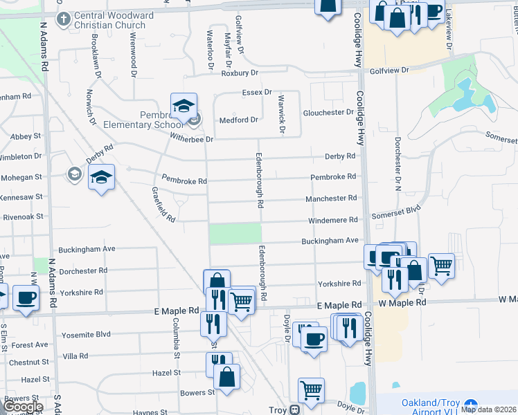 map of restaurants, bars, coffee shops, grocery stores, and more near 2282 Manchester Road in Birmingham