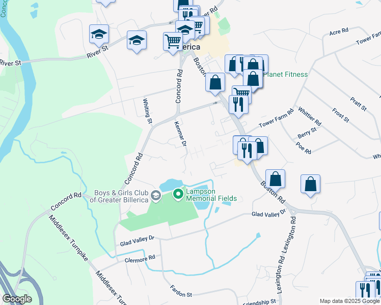 map of restaurants, bars, coffee shops, grocery stores, and more near 28 Kenmar Drive in Billerica