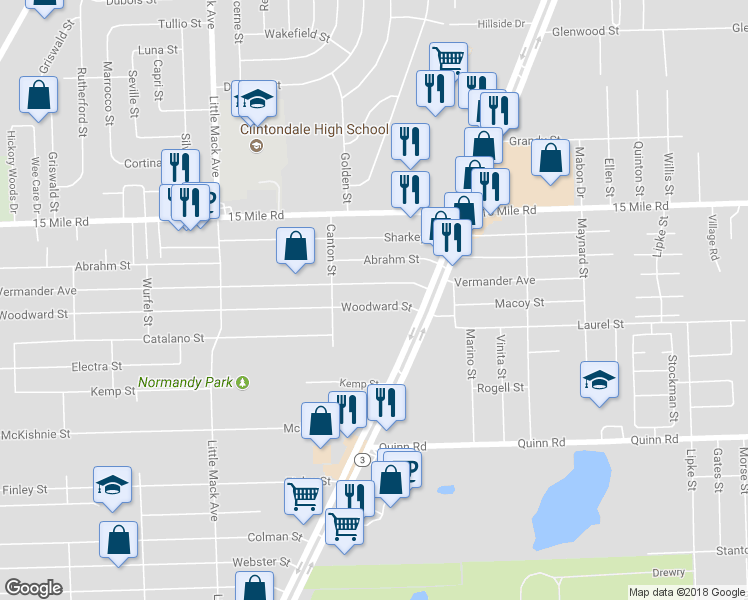 map of restaurants, bars, coffee shops, grocery stores, and more near 21197 Woodward Street in Charter Township of Clinton