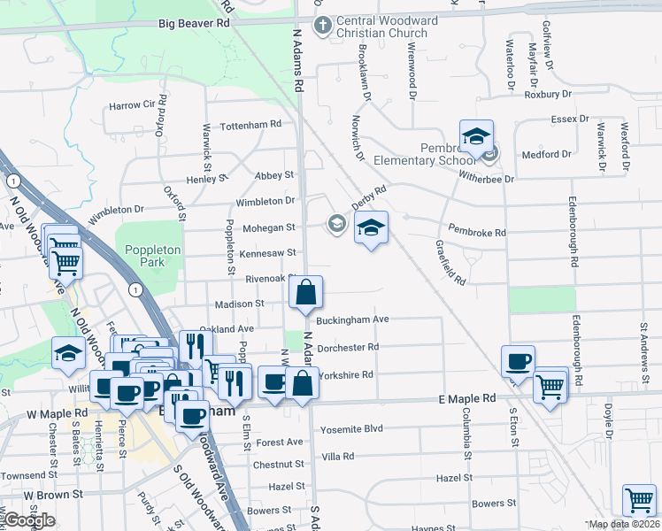 map of restaurants, bars, coffee shops, grocery stores, and more near 1215 Manchester Road in Birmingham