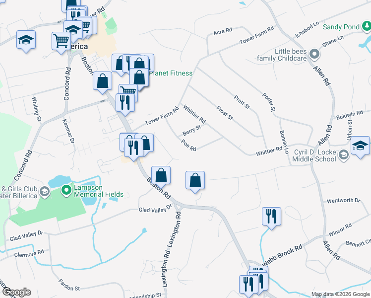 map of restaurants, bars, coffee shops, grocery stores, and more near 13 Poe Road in Billerica