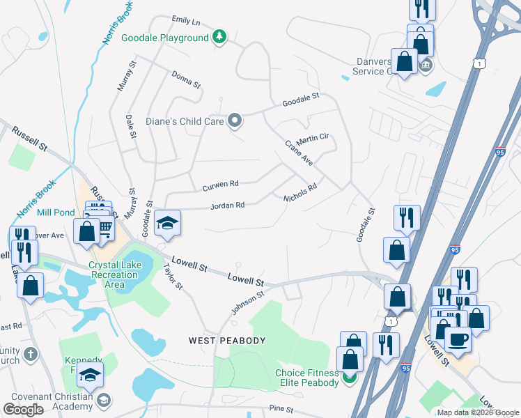 map of restaurants, bars, coffee shops, grocery stores, and more near 29 Jordan Road in Peabody