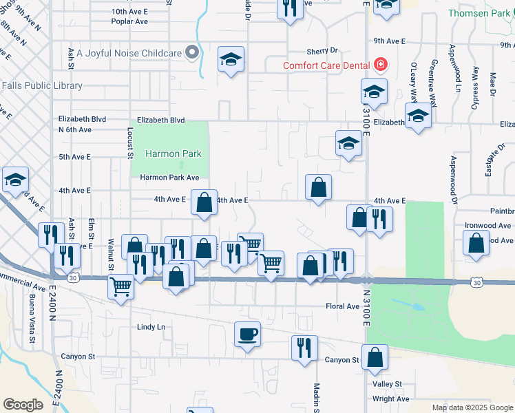map of restaurants, bars, coffee shops, grocery stores, and more near 364 Morningside Drive in Twin Falls