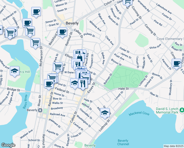 map of restaurants, bars, coffee shops, grocery stores, and more near 23 Charnock Street in Beverly