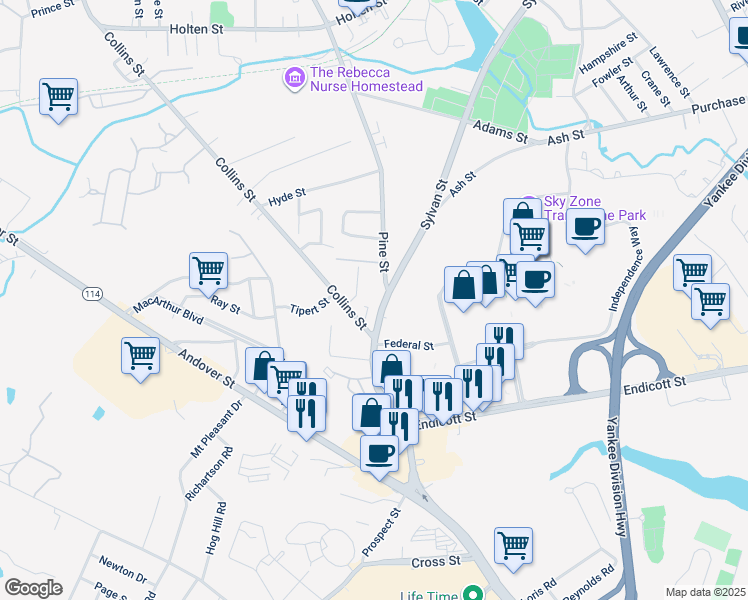 map of restaurants, bars, coffee shops, grocery stores, and more near 127 Sylvan Street in Danvers