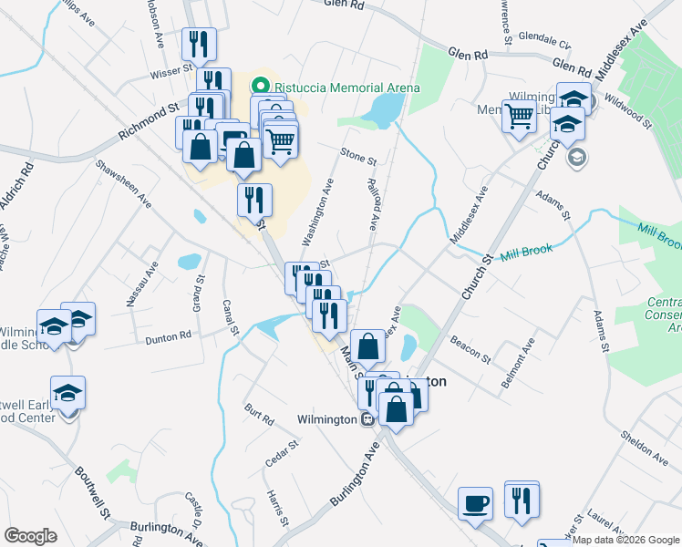 map of restaurants, bars, coffee shops, grocery stores, and more near 35 Clark Street in Wilmington