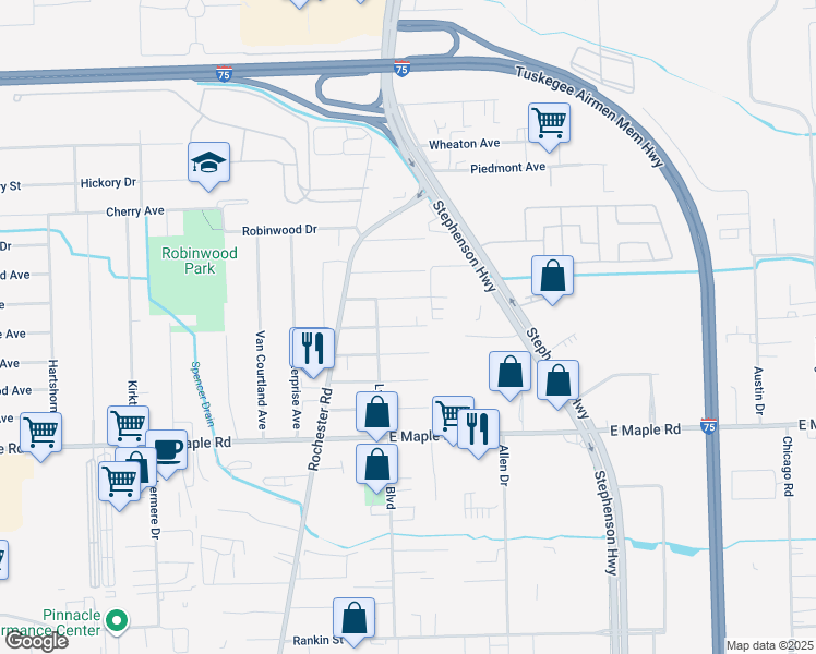 map of restaurants, bars, coffee shops, grocery stores, and more near 1110 Woodslee Drive in Troy