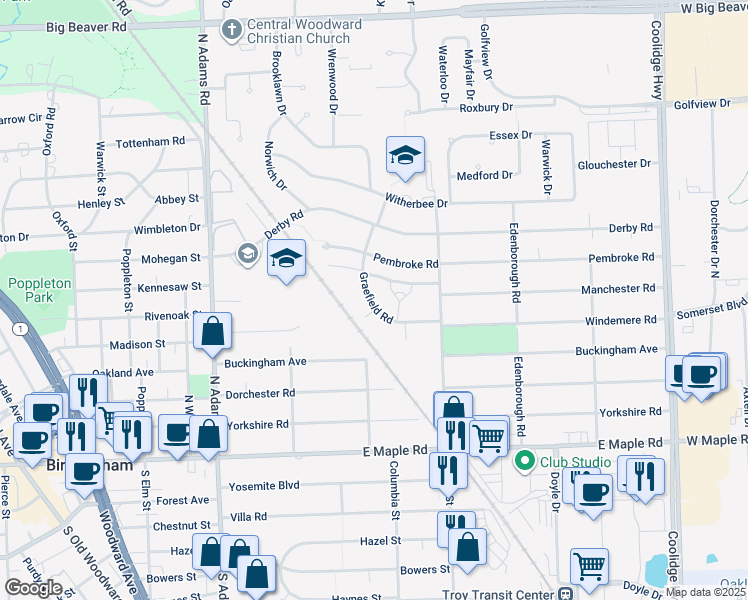 map of restaurants, bars, coffee shops, grocery stores, and more near 1751 Graefield Road in Birmingham