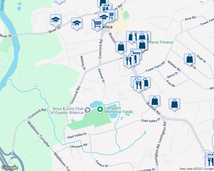 map of restaurants, bars, coffee shops, grocery stores, and more near 26 Kenmar Drive in Billerica