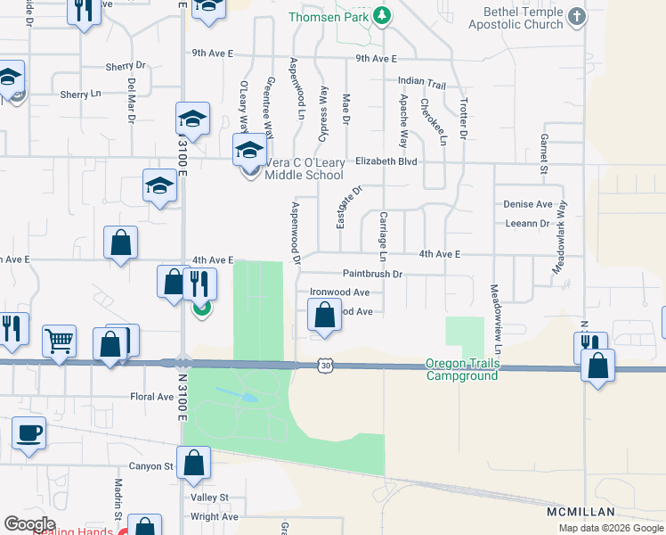 map of restaurants, bars, coffee shops, grocery stores, and more near 2491 Paintbrush Drive in Twin Falls