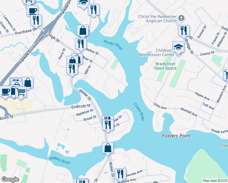 map of restaurants, bars, coffee shops, grocery stores, and more near 5 River Drive in Danvers