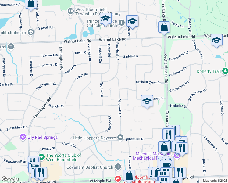 map of restaurants, bars, coffee shops, grocery stores, and more near 5931 Barnstable Ct in West Bloomfield Township