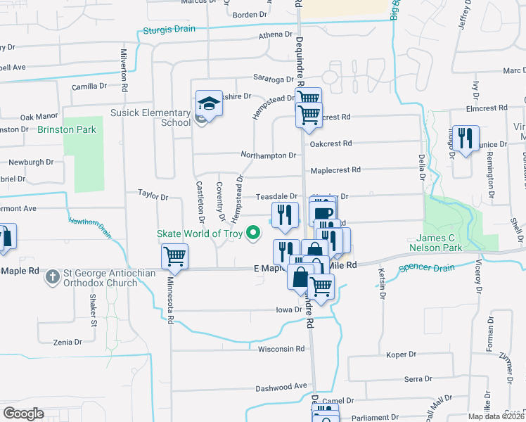 map of restaurants, bars, coffee shops, grocery stores, and more near 2845 Sherbourne Drive in Troy