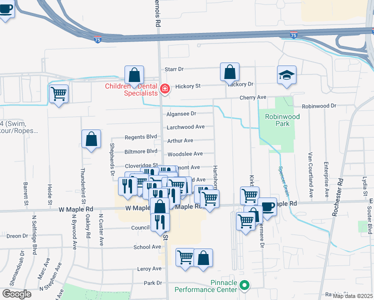 map of restaurants, bars, coffee shops, grocery stores, and more near 97 Woodslee Dr in Troy