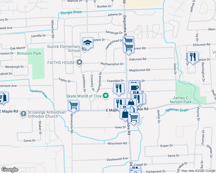 map of restaurants, bars, coffee shops, grocery stores, and more near 2845 Sherbourne Drive in Troy