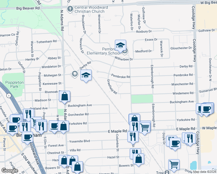 map of restaurants, bars, coffee shops, grocery stores, and more near 1751 Graefield Road in Birmingham