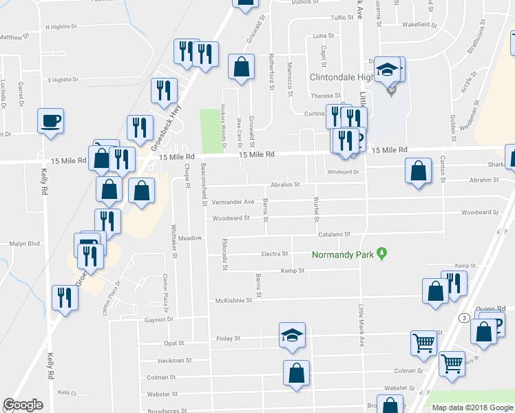 map of restaurants, bars, coffee shops, grocery stores, and more near 19870 Vermander Avenue in Clinton Township
